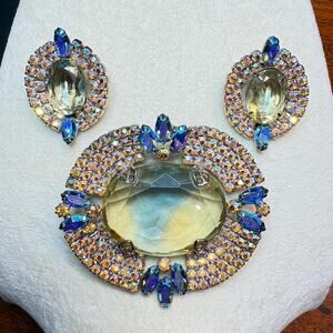 Vintage Brooch & Earring Set: Lemon/blue-green Glass, Multi-color Sparkle